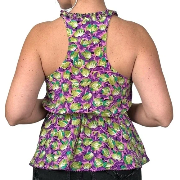 Odille Anthropologie 100% Silk Floral Ruffle Blouse Sleeveless Girly‎ Coquette - Picture 2 of 15